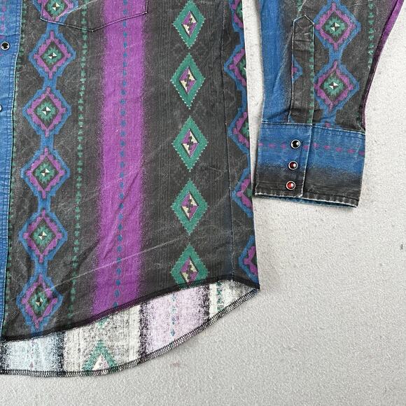 Vintage Wrangler Shirt Men’s Large Aztec Western Snap Brushpopper Rodeo Cowboy - Picture 4 of 16